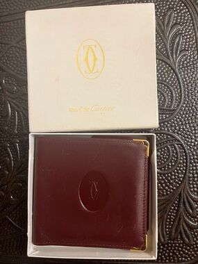 Cartier Men's Burgundy Leather Wallet with Gold Corner Accents